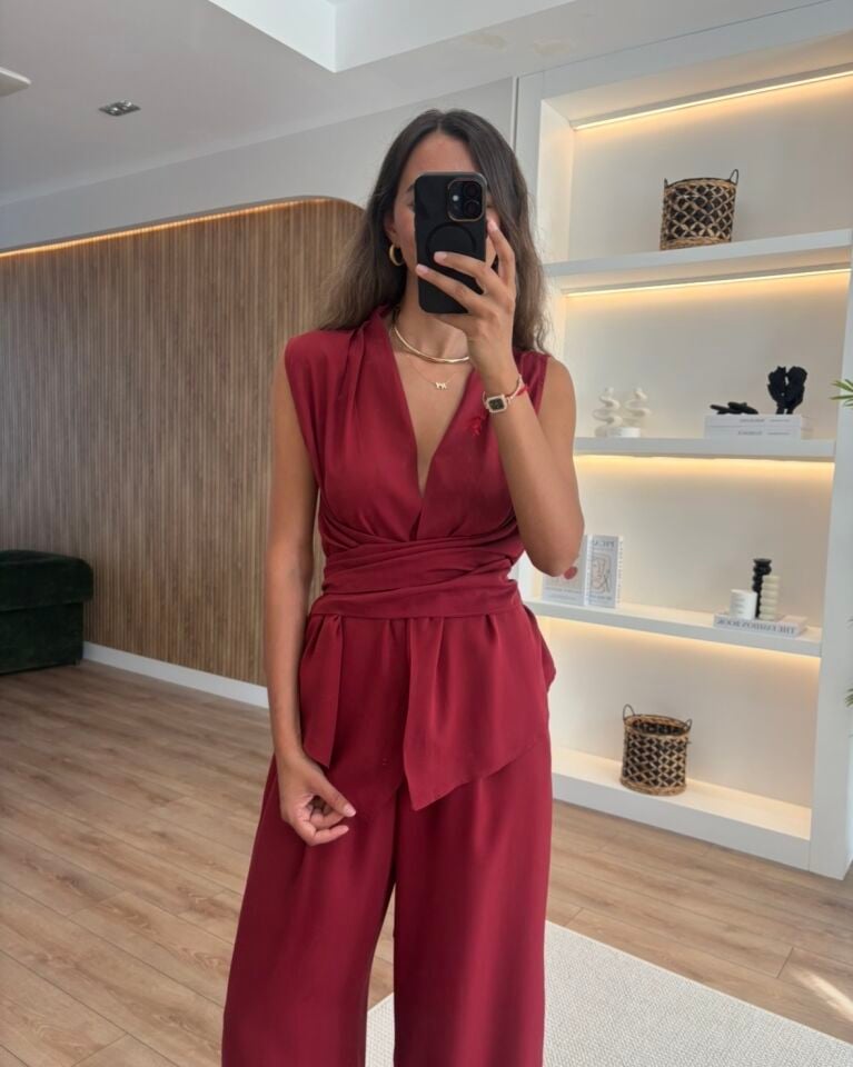 Riva Kırmızı Bağlama Detaylı Bluz Pantolon Takım