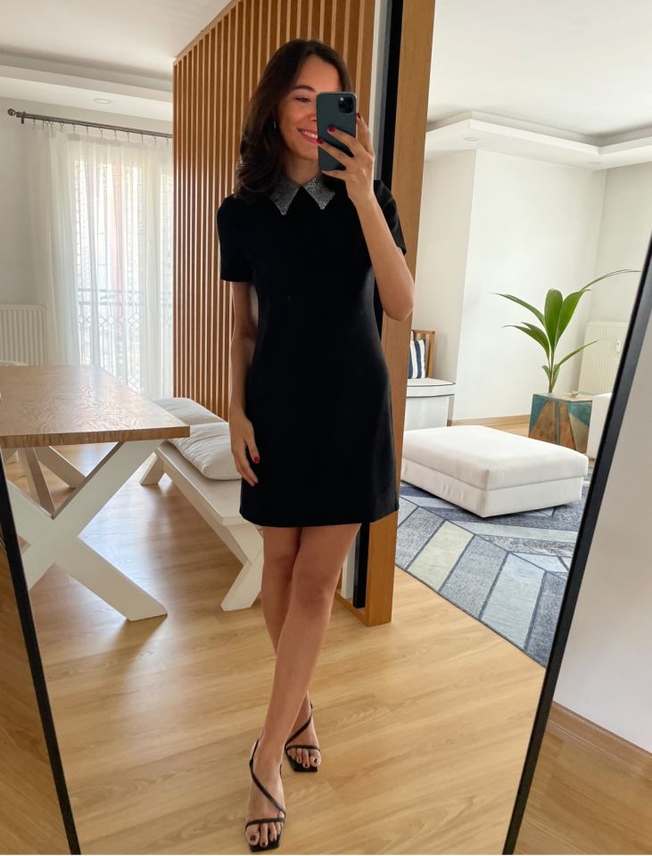 Diana Siyah Gömlek Yaka Süet Elbise