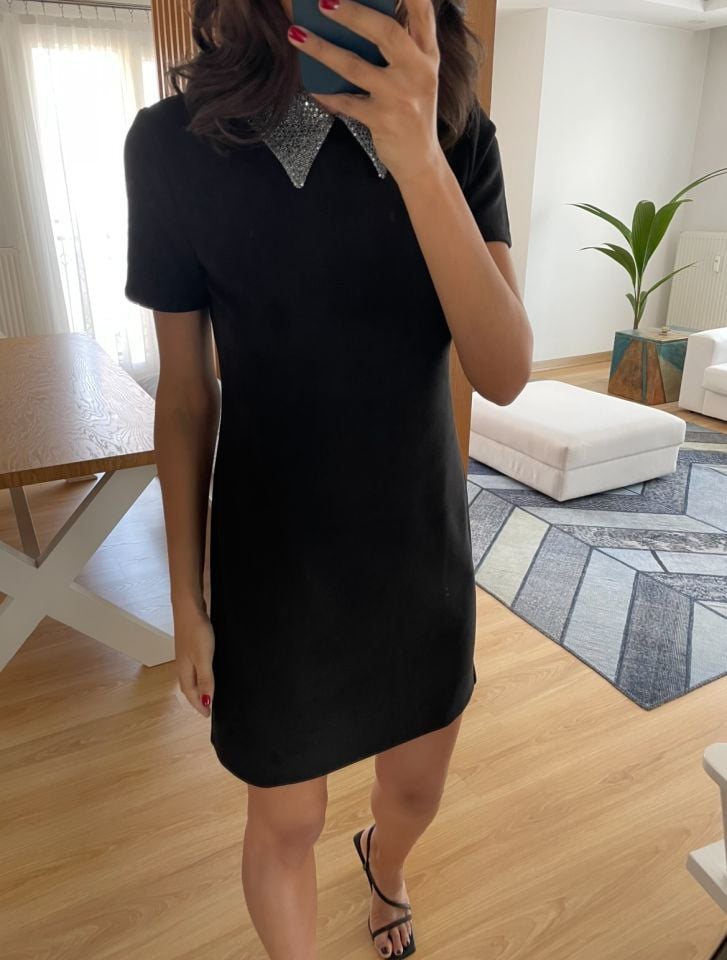 Diana Siyah Gömlek Yaka Süet Elbise