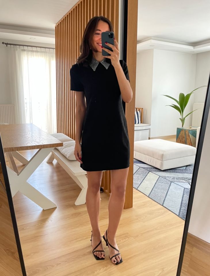 Diana Siyah Gömlek Yaka Süet Elbise