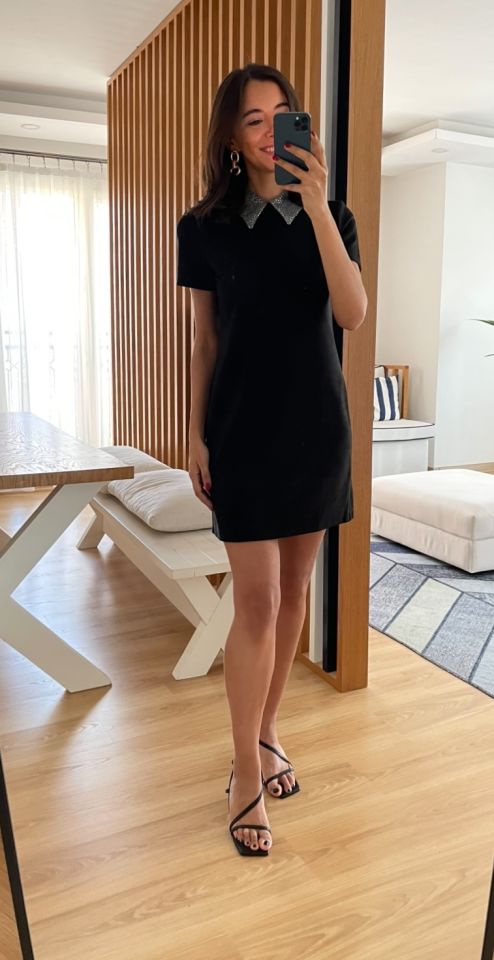 Diana Siyah Gömlek Yaka Süet Elbise S