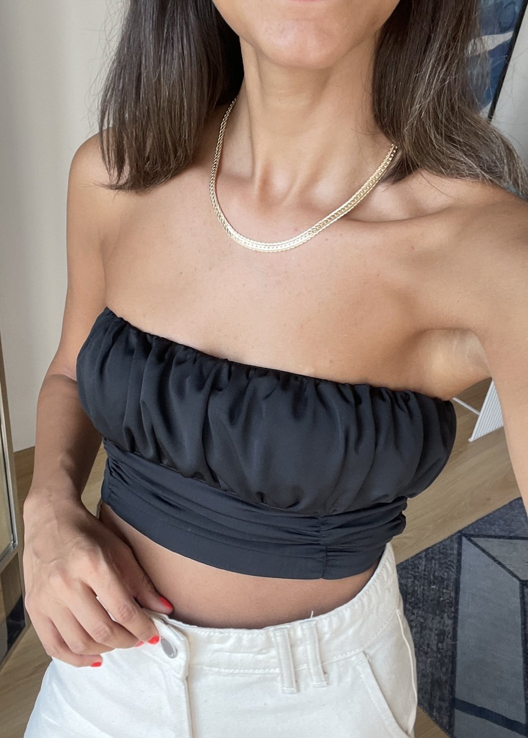 Siyah Drapeli Straplez Bluz