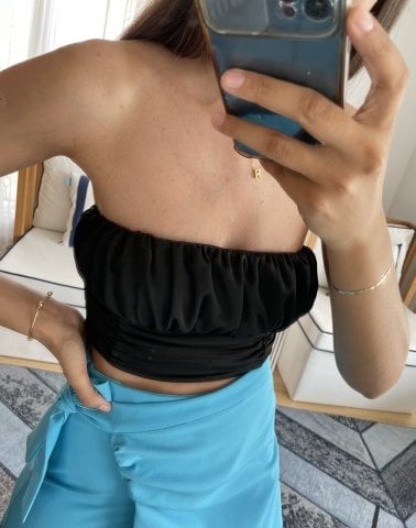 Mina Siyah Drapeli Straplez Bluz