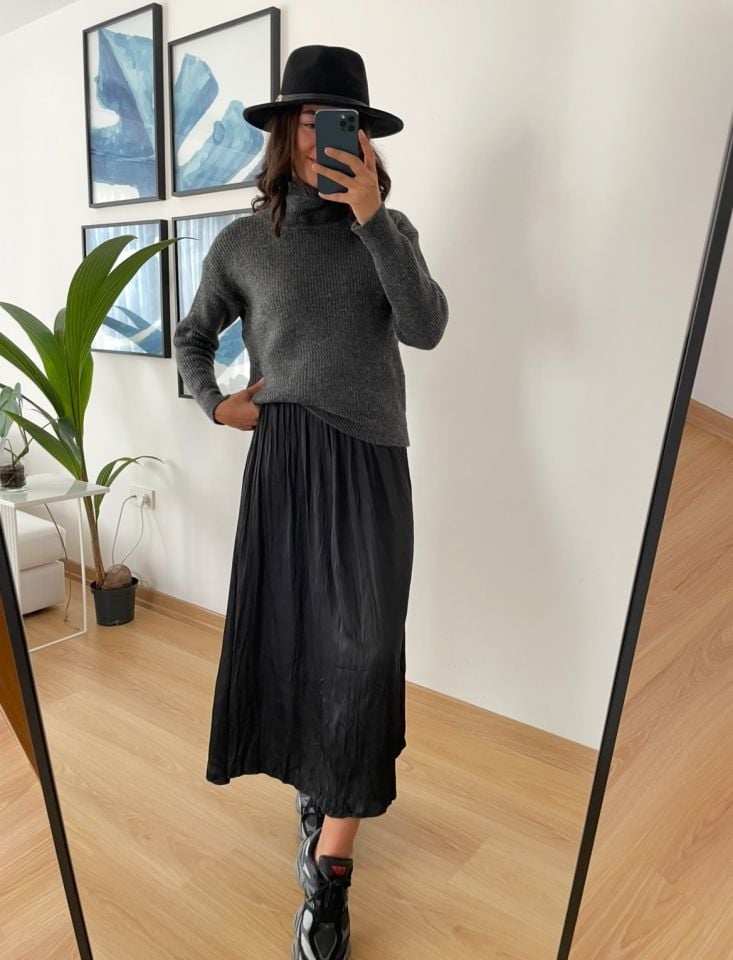 Alba Siyah Kraşlı Beli Lastikli Premium Saten Etek