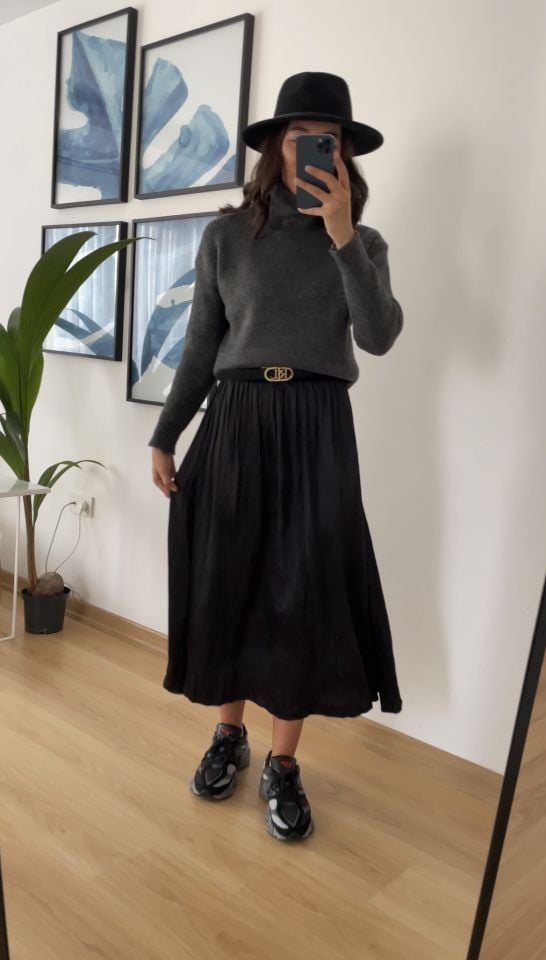 Alba Siyah Kraşlı Beli Lastikli Premium Saten Etek