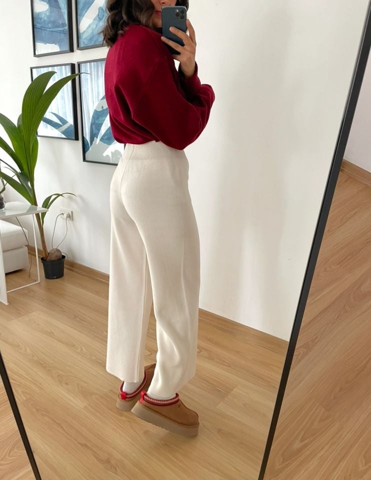 Aerin Ekru Bol Paça Triko Pantolon