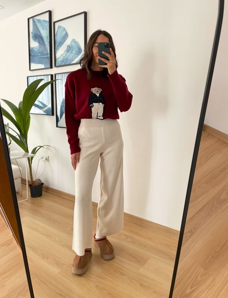 Aerin Ekru Bol Paça Triko Pantolon