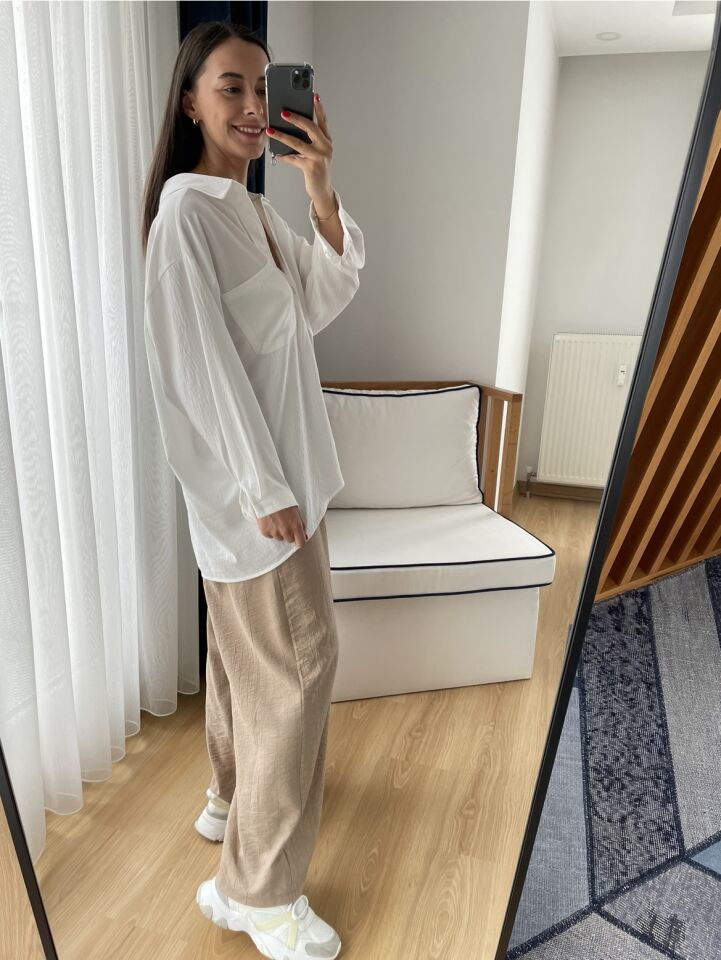 Elodie Beyaz Oversize Düşük Omuzlu Modal Gömlek
