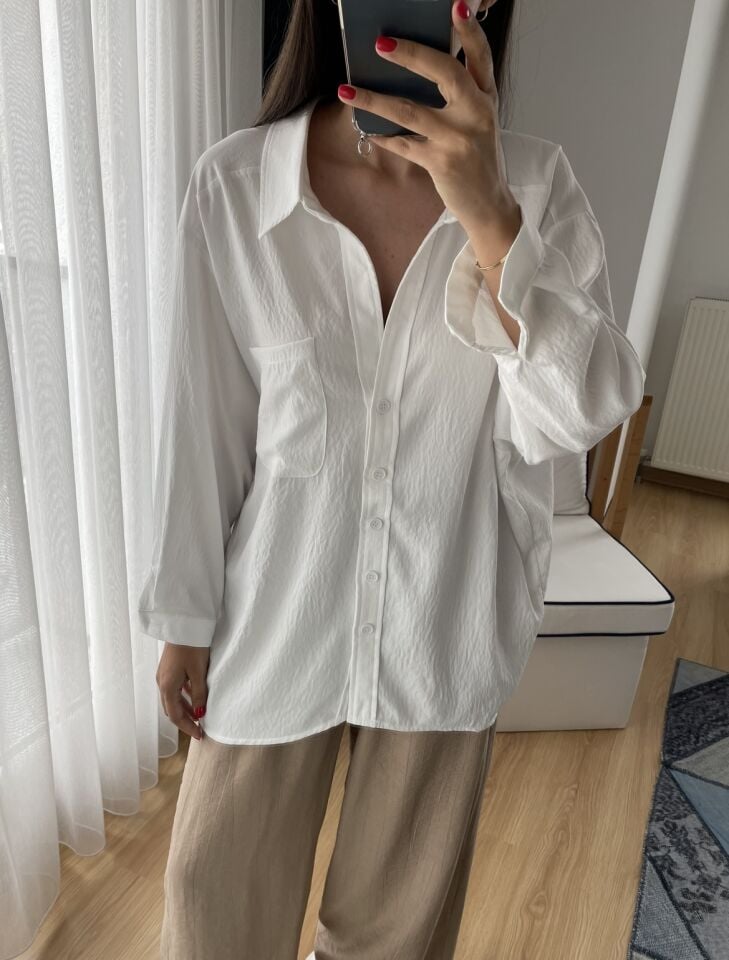 Elodie Beyaz Oversize Düşük Omuzlu Modal Gömlek
