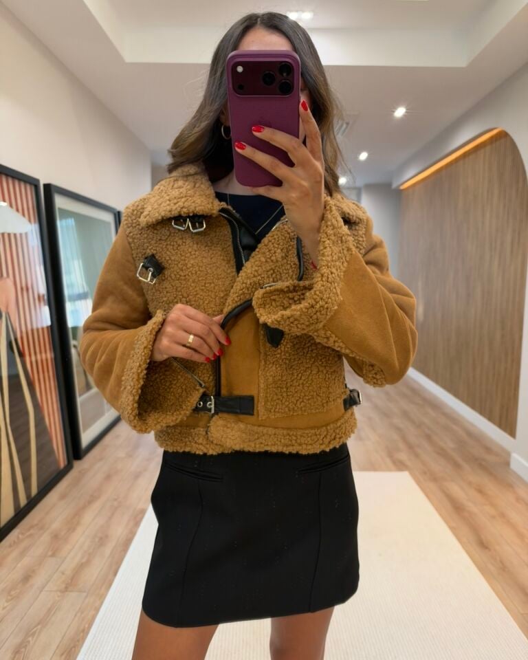 Vina Camel Peluş Detaylı Süet Premium Mont