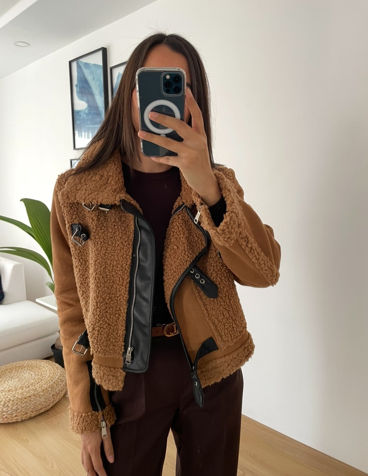 Camel Peluş Detaylı Süet Premium Ceket