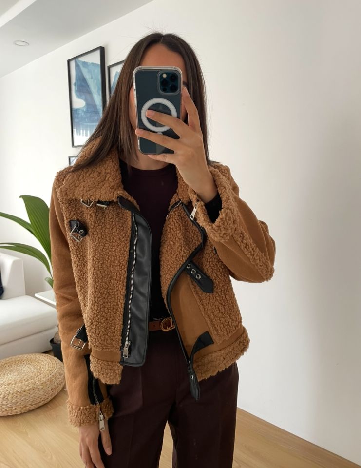 Camel Peluş Detaylı Süet Premium Ceket