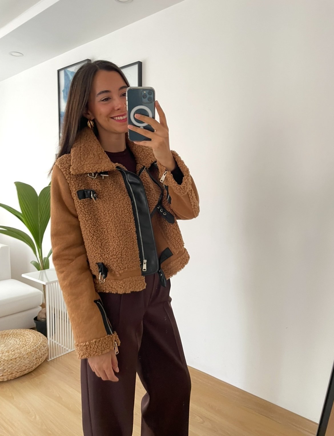 Camel Peluş Detaylı Süet Premium Ceket