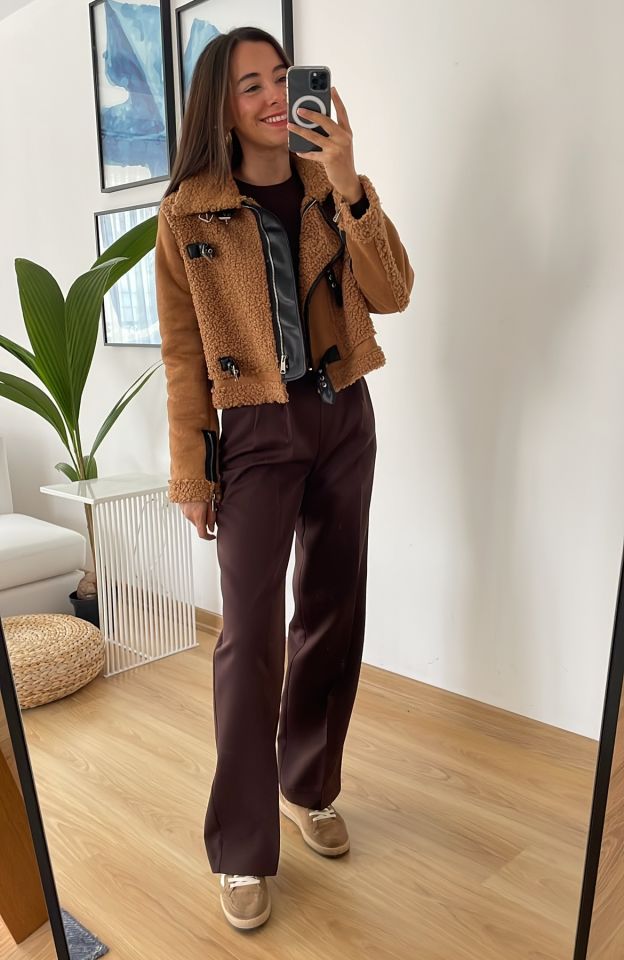 Camel Peluş Detaylı Süet Premium Ceket