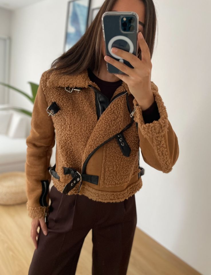 Camel Peluş Detaylı Süet Premium Ceket