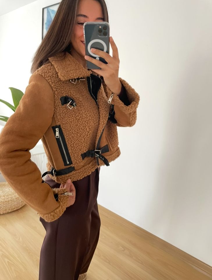 Camel Peluş Detaylı Süet Premium Ceket