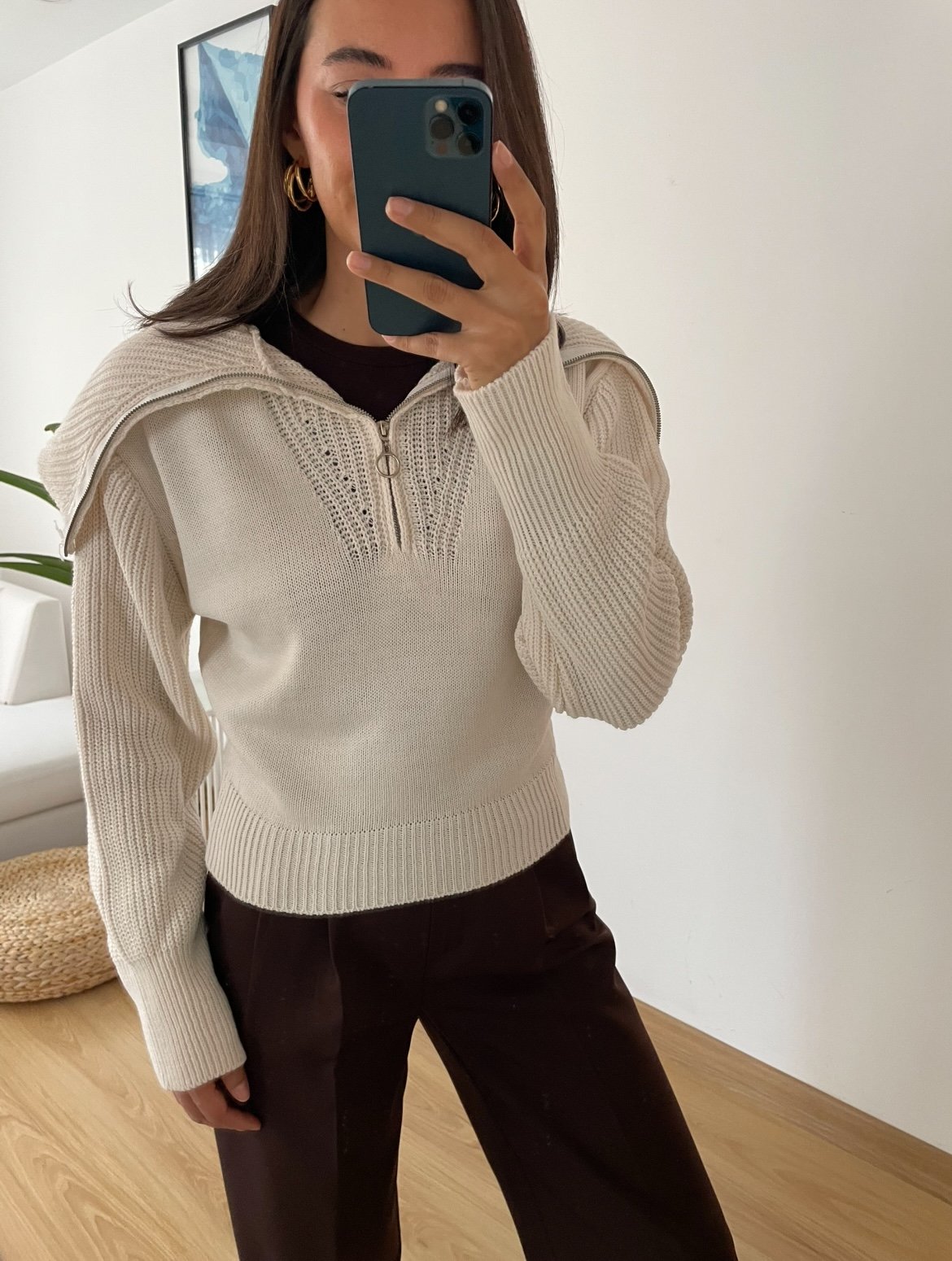 Alisse Ekru Fermuarlı Geniş Yaka Kazak