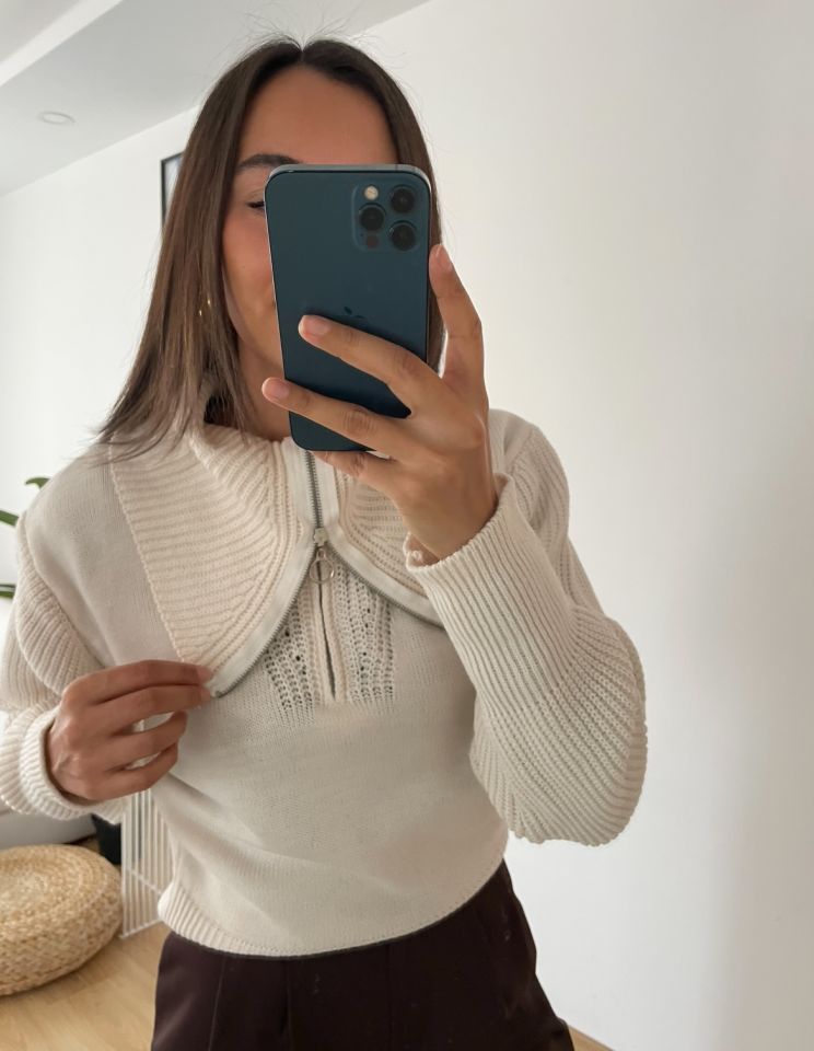 Alisse Ekru Fermuarlı Geniş Yaka Kazak