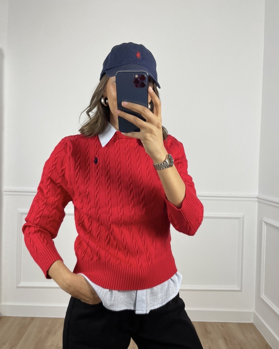 Elvira Kırmızı RL Saç Örgü Kazak