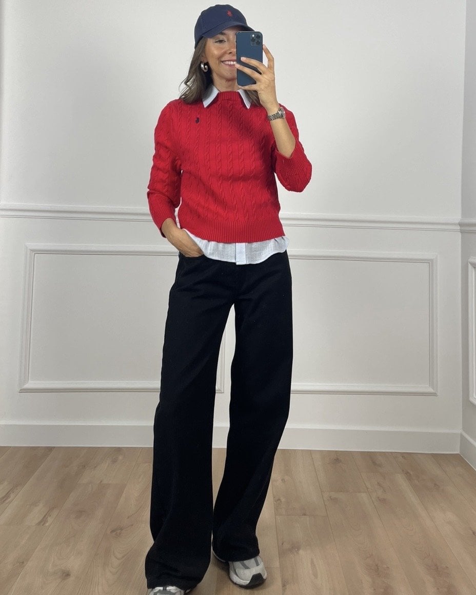 Elvira Kırmızı RL Saç Örgü Kazak