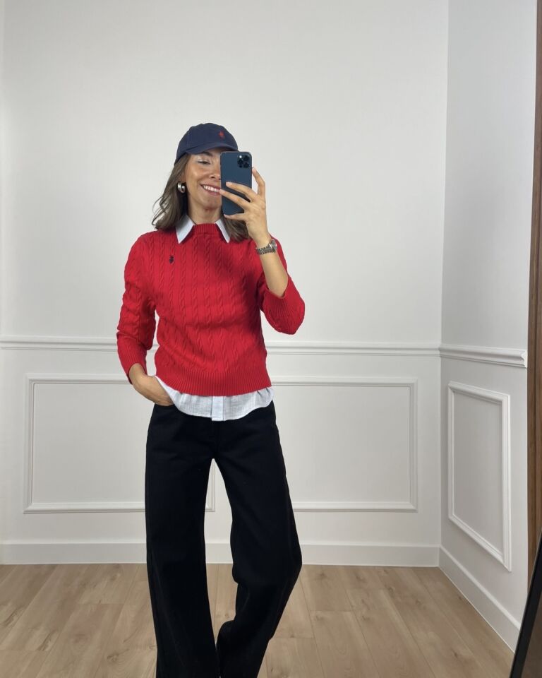 Elvira Kırmızı RL Saç Örgü Kazak