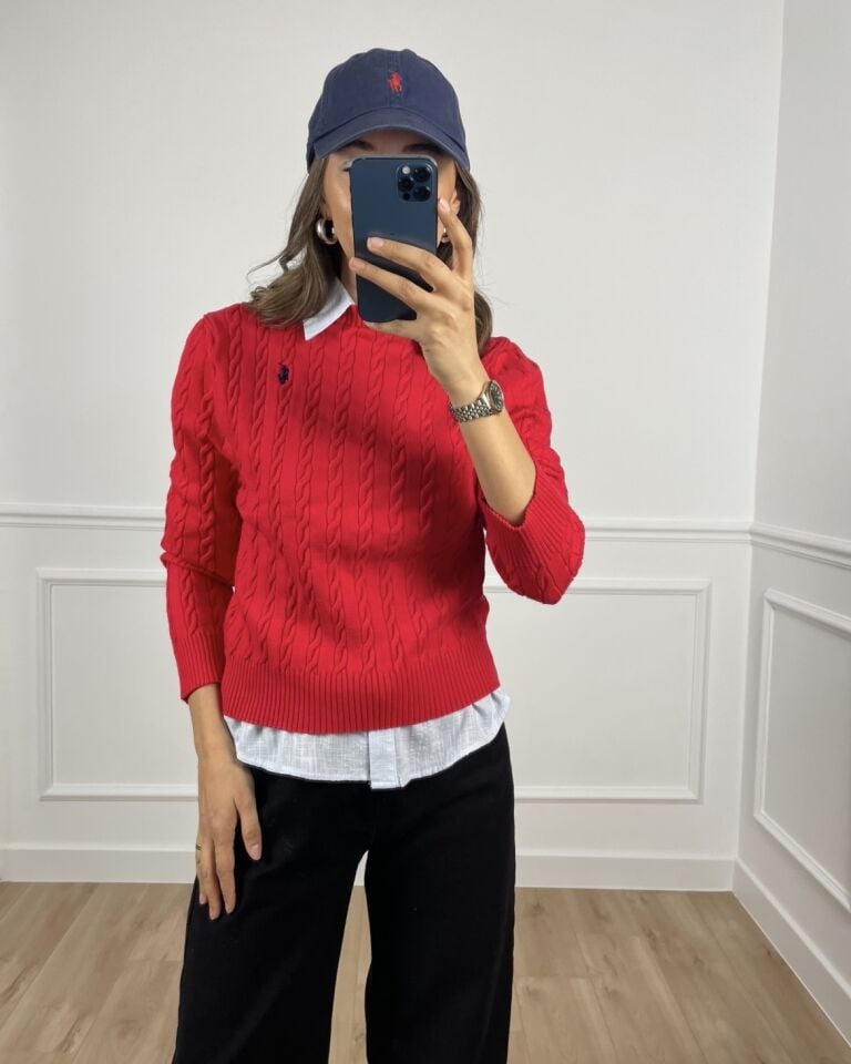 Elvira Kırmızı RL Saç Örgü Kazak