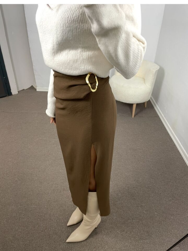 Siena Kahverengi Kemer Tokalı Yırtmaçlı İnce Etek M