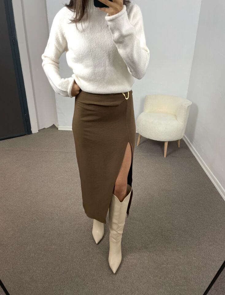 Siena Kahverengi Kemer Tokalı Yırtmaçlı İnce Etek M