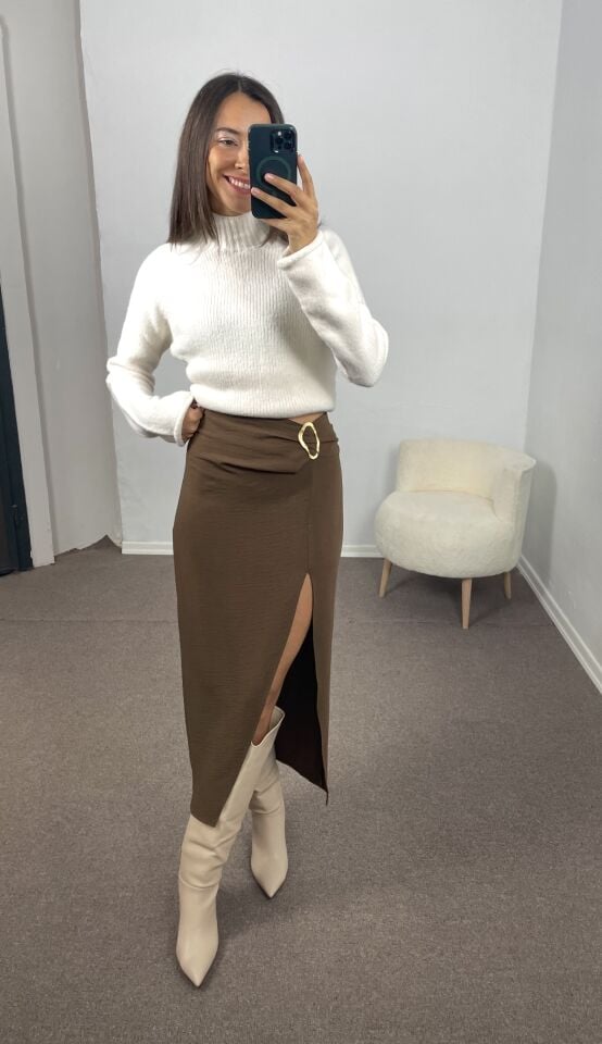 Siena Kahverengi Kemer Tokalı Yırtmaçlı İnce Etek