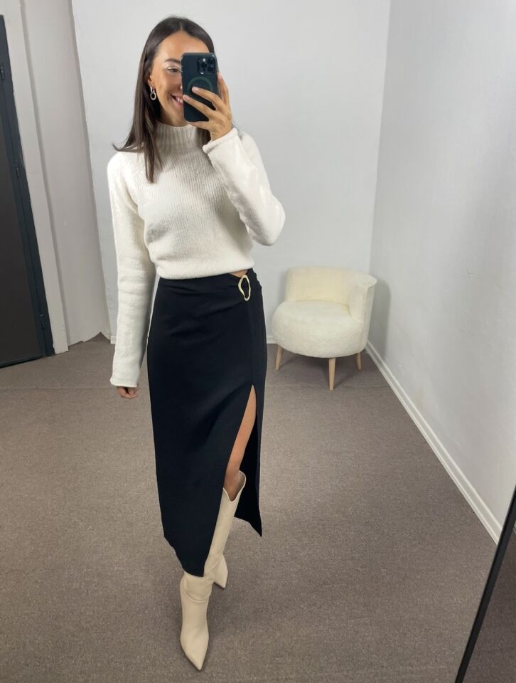 Siena Siyah Kemer Tokalı Yırtmaçlı İnce Etek