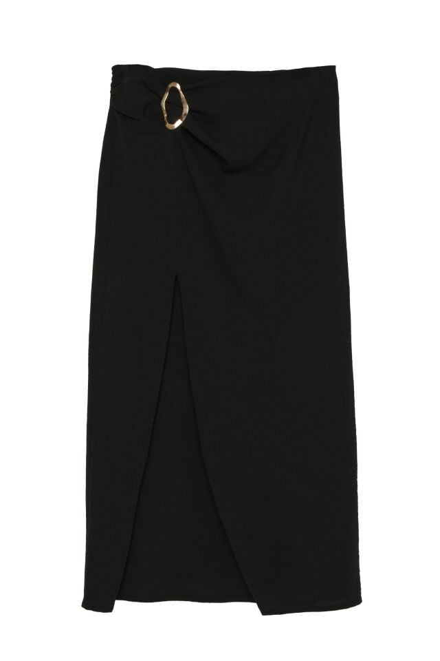 Siena Siyah Kemer Tokalı Yırtmaçlı İnce Etek