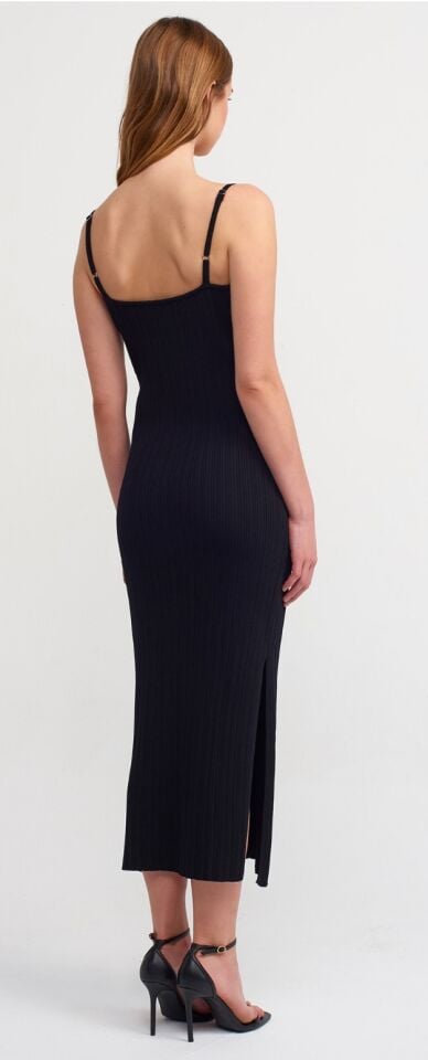 Carla Siyah Dilvin Askılı Yırtmaçlı Triko Elbise