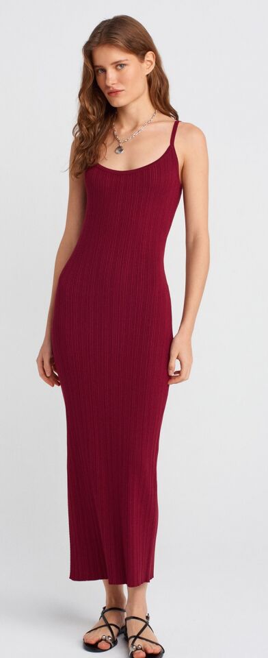 Bordo Dilvin Askılı Yırtmaçlı Triko Elbise
