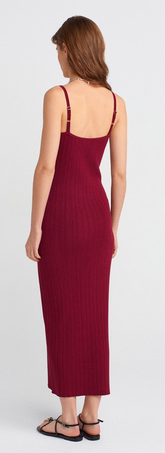 Bordo Dilvin Askılı Yırtmaçlı Triko Elbise