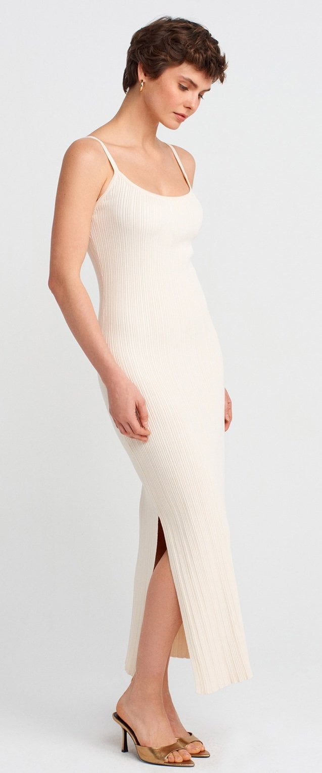 Carla Ekru Dilvin Askılı Yırtmaçlı Triko Elbise