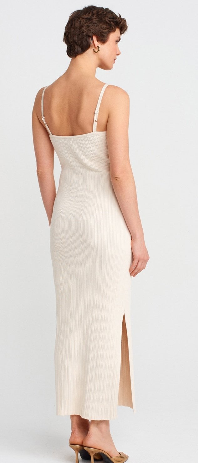 Carla Ekru Dilvin Askılı Yırtmaçlı Triko Elbise