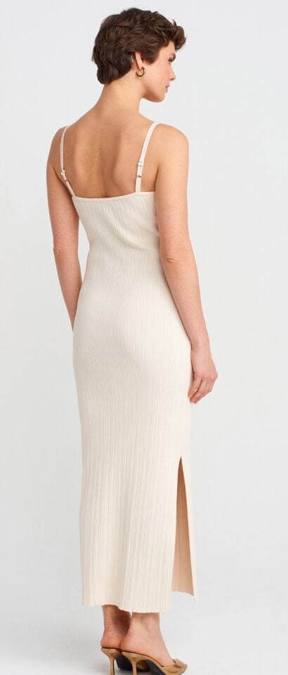 Carla Ekru Dilvin Askılı Yırtmaçlı Triko Elbise