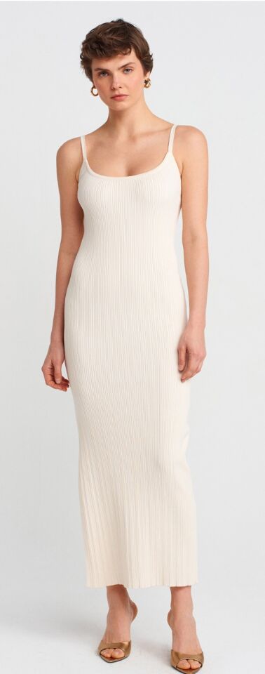 Carla Ekru Dilvin Askılı Yırtmaçlı Triko Elbise