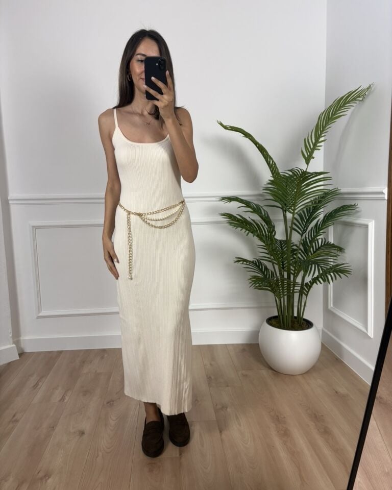 Carla Ekru Dilvin Askılı Yırtmaçlı Triko Elbise