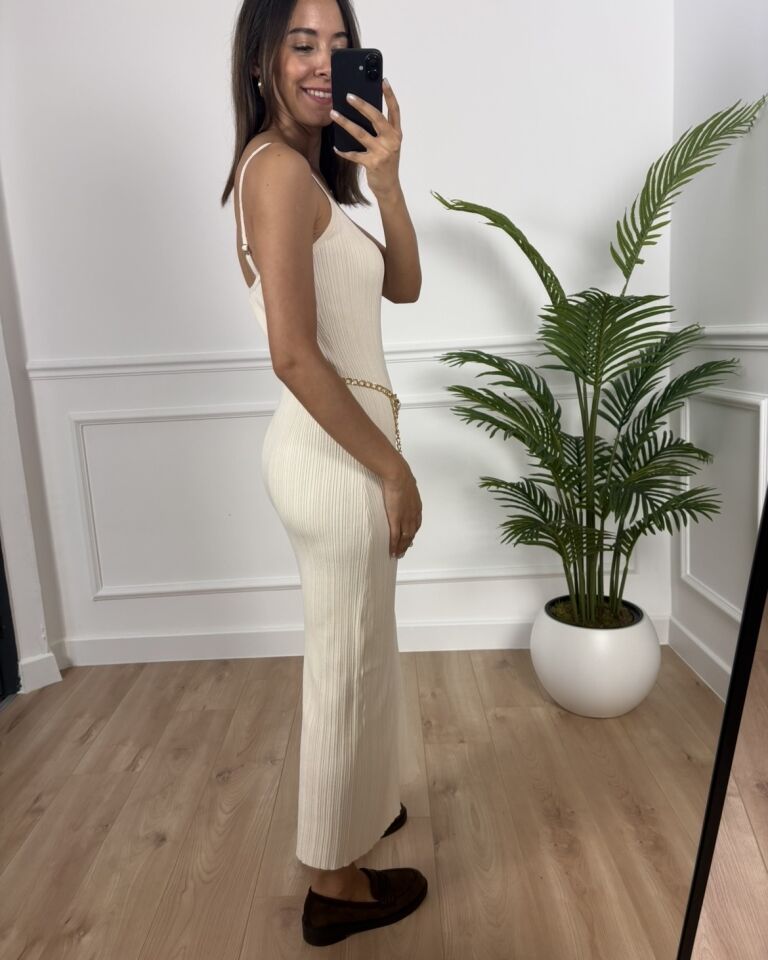 Carla Ekru Dilvin Askılı Yırtmaçlı Triko Elbise