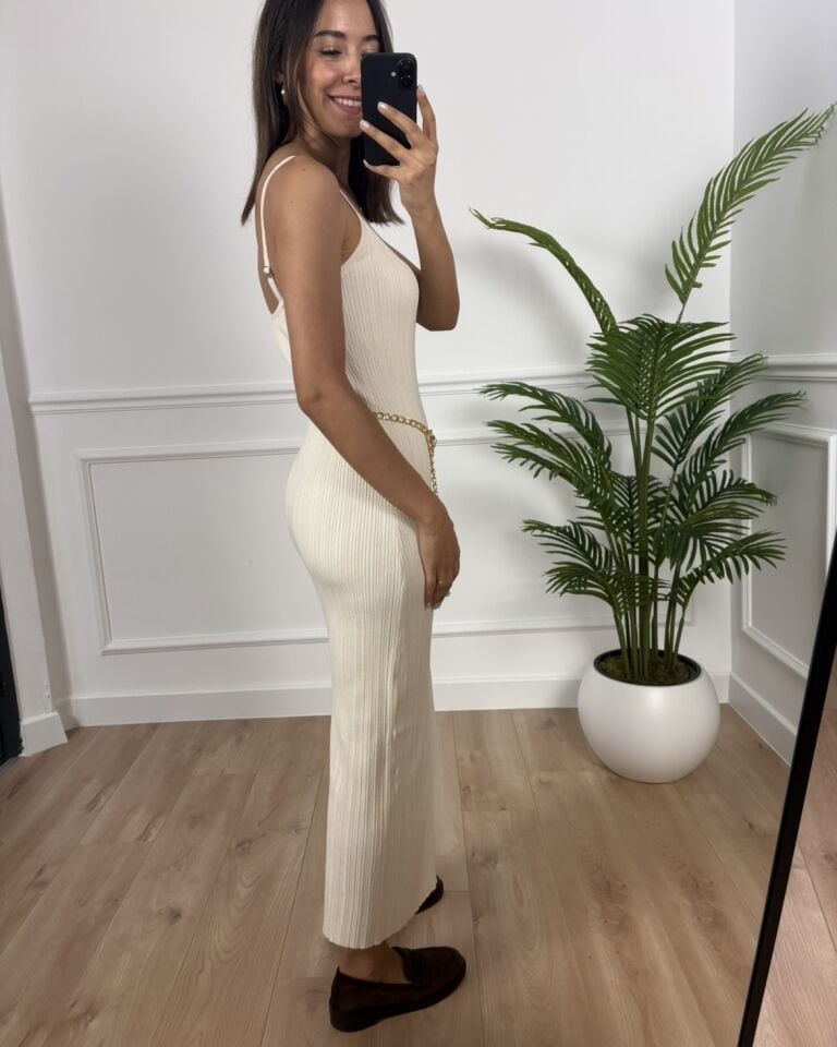 Carla Ekru Dlv Askılı Yırtmaçlı Triko Elbise