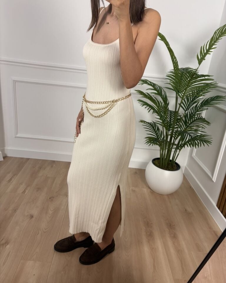 Carla Ekru Dlv Askılı Yırtmaçlı Triko Elbise