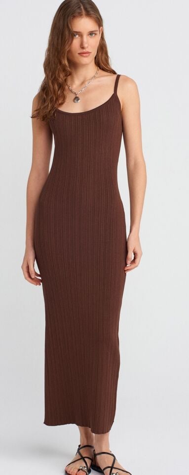 Carla Kahve Dilvin Askılı Yırtmaçlı Triko Elbise