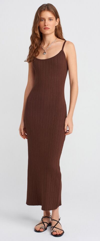 Carla Kahve Dilvin Askılı Yırtmaçlı Triko Elbise