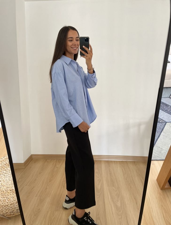 Camelia Mavi Geniş Manşetli Oxford Gömlek