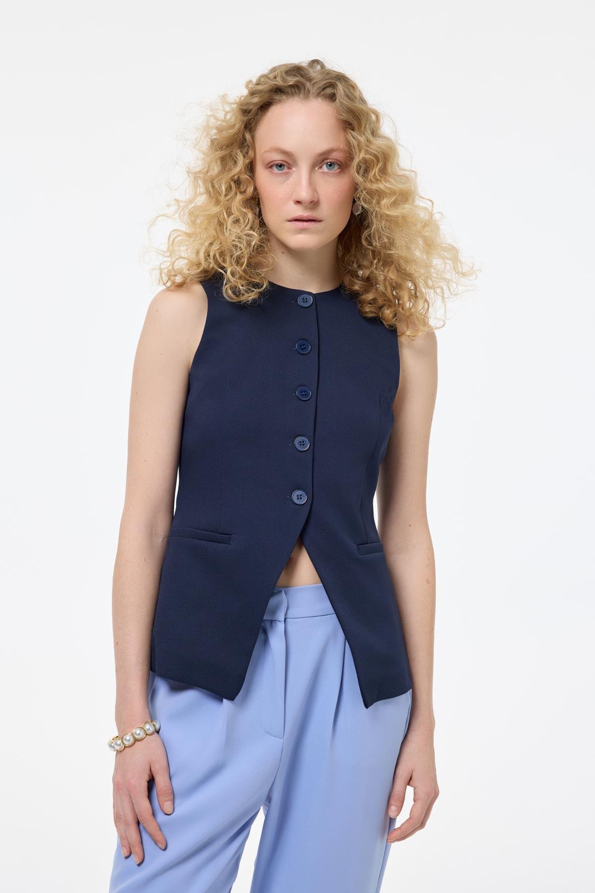 Virella Lacivert Önü Düğmeli Premium Yelek