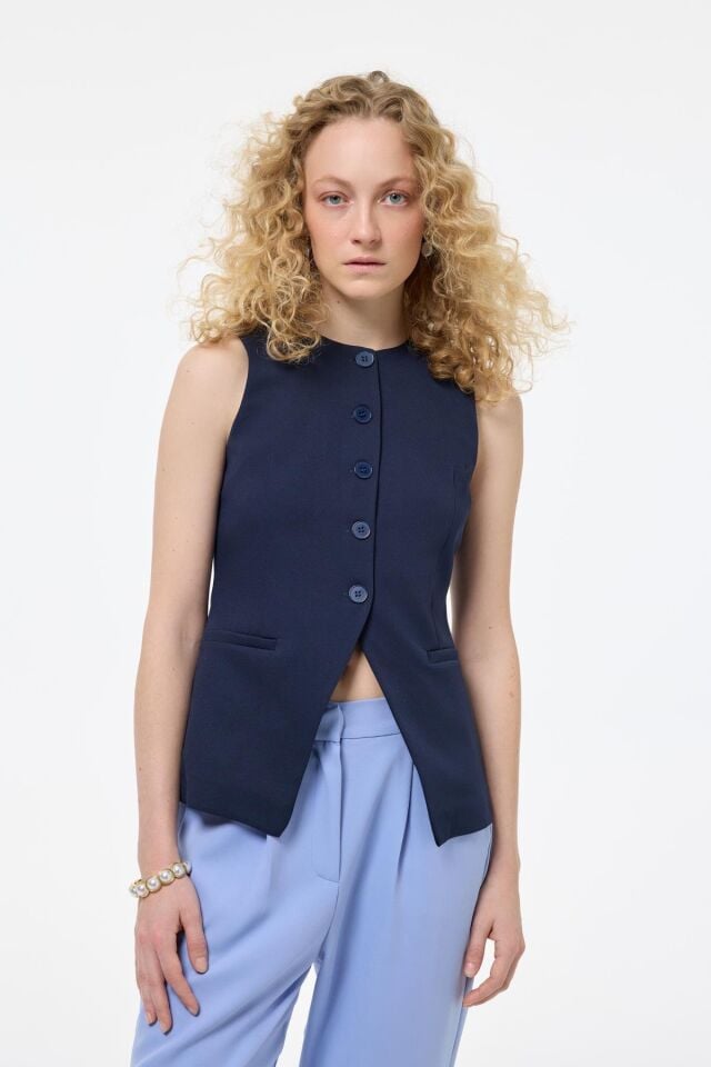 Virella Lacivert Önü Düğmeli Premium Yelek