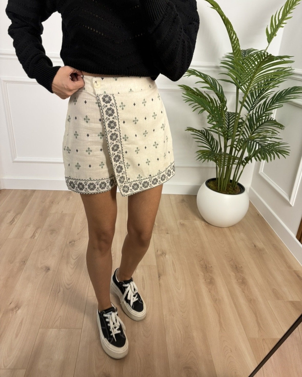 Elara Natural Desenli Keten Premium Şort Etek