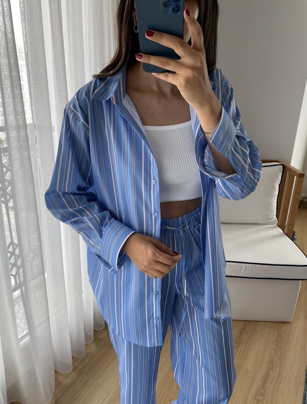 Celeste Çizgili Premium Oversize Poplin Gömlek