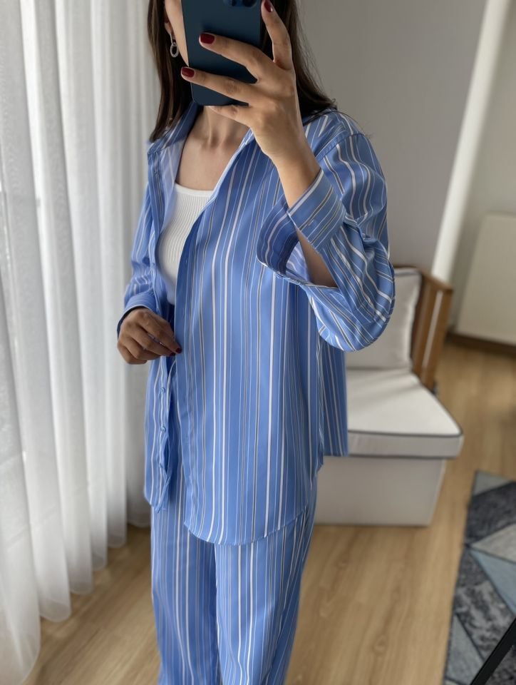 Celeste Çizgili Premium Oversize Poplin Gömlek